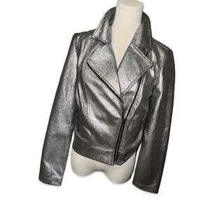 NWT In-Style Silver Vegan Leather Bomber Jacket Sz S